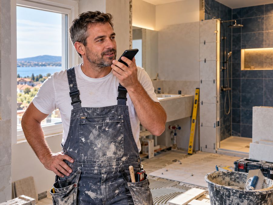 Un artisan dicte son devis à son téléphone dans une salle de bain en rénovation