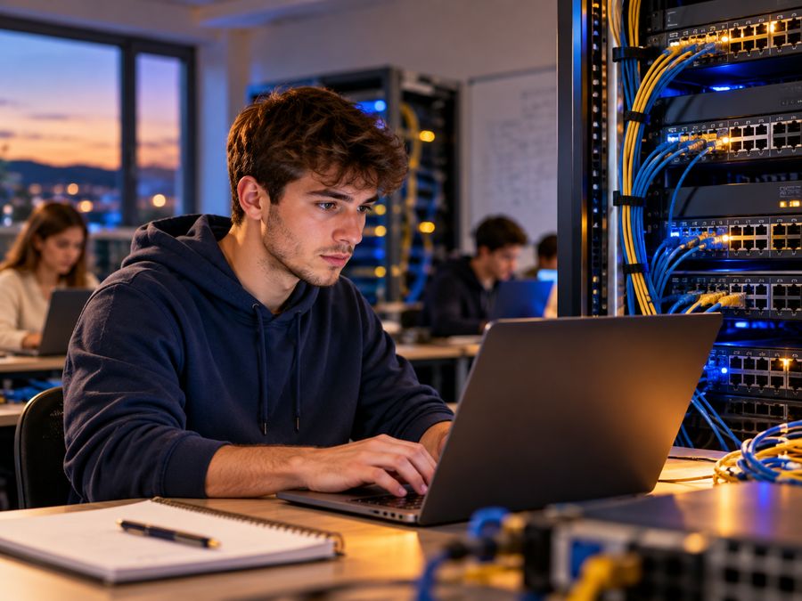 Un étudiant s'entraîne sur son ordinateur devant une baie de switchs Cisco